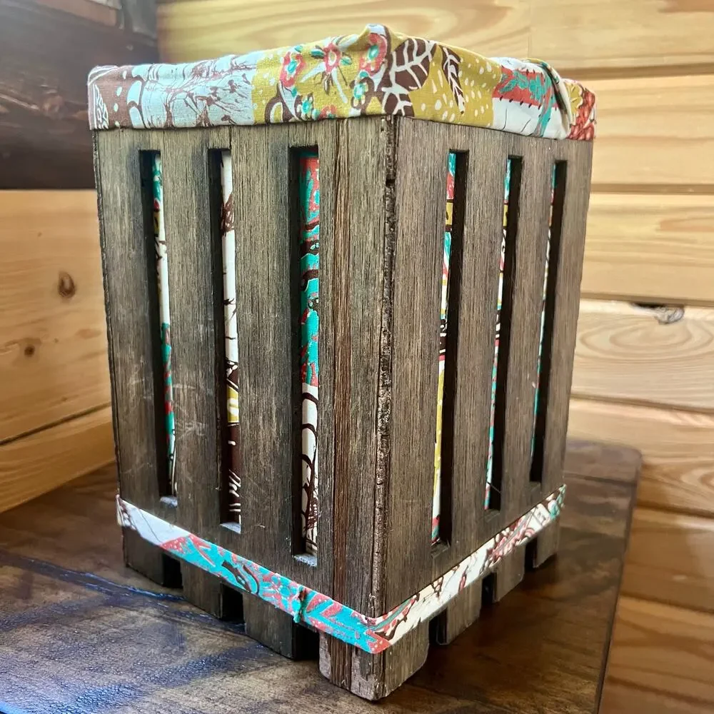 Handmade Wood Crate Basket Bag Box Purse Folk Art Patchwork Lined Rustic Decor